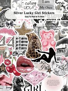 50pcs Silver Lucky Girl Stickers Scrapbook Skateboard Guitar Suitcase Scrapbook Decor DIY Graffiti Stickers - Silver Lucky Girl - View 1