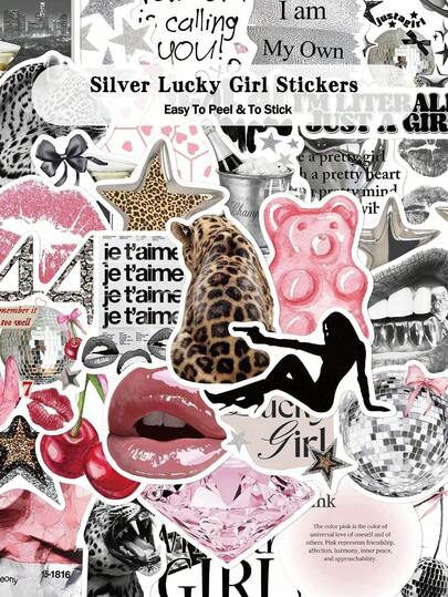 50pcs Silver Lucky Girl Stickers Scrapbook Skateboard Guitar Suitcase Scrapbook Decor DIY Graffiti Stickers
