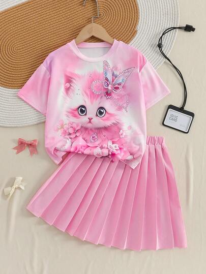2件套女童4-7岁猫咪印花短袖上衣+百褶裙套装，适合休闲、运动、家庭出游