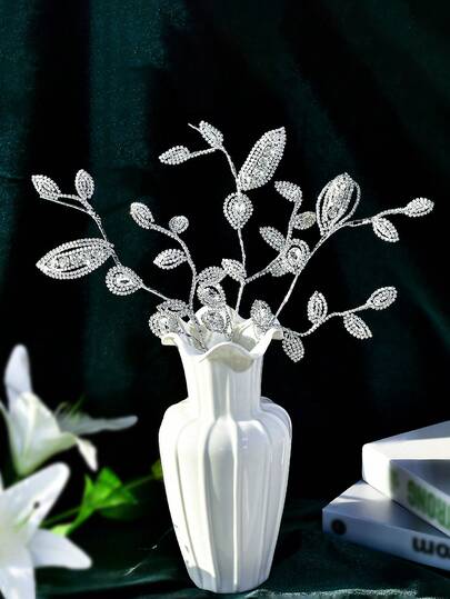 1pc Sparkling Silver Rhinestone Simulation Flower, Light Luxury Artificial Branch And Leaf Bouquet, Home Vase Decoration, Durable And Easy To Maintain, Suitable For Weddings, Festivals, Parties, Gardens, Home Decor