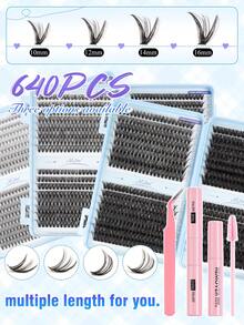 640片装（10D+20D+30D+40D、30D+40D+50D+60D、50D+60D+80D+100D）卷翘簇状假睫毛超值套装，包含新手友好型假睫毛教程、蓬松DIY分段式假睫毛、胶水、卸妆液、镊子、睫毛刷，可重复使用。 - 黑色 - 查看 4