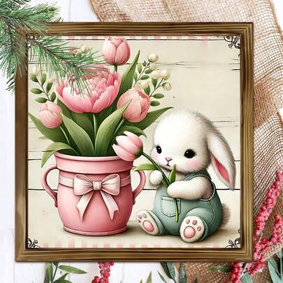 1个复活节兔子木质标牌，8x8英寸，粉色蝴蝶结和郁金香图案，适用于家居、厨房、卧室、浴室装饰，乡村风格墙面艺术，办公室装饰，复活节墙面装饰