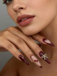 24pcs/Set Elegant Red Gold Press On Nails Long Stiletto Fake Nails With Bow And Chain Heart Design, Nail Press Ons Full Cover, Best Rated Press On Nails Kit, Durable Press In Nails For Quick Salon Style - 酒紅色 - 查看 3