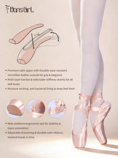 DonsGirl One Pair Of Women's Luxury Satin Ballet Pointe Shoes, Breathable Supportive Comfort Insole Soft Shank, Professional Satin Pointe Shoes For Ballet Training Practice &Stage Performance