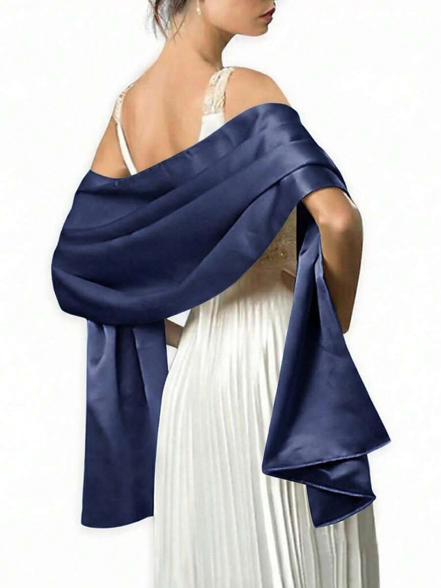 1 chiếc khăn choàng cổ nữ bằng satin trơn màu cổ điển, khăn choàng mùa thu thường ngày chống nắng, thích hợp sử dụng hàng ngày. - màu xanh hải quân - Xem 1