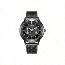 CITIZEN Men's Stainless Steel Mesh Strap Watch, Black, Minimalist Multi-Function Date Display, Business Casual Everyday Wear - Black - View 1