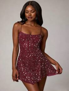 Vestido mini ajustado sexy con volantes en el bajo y pedrería, vestido de fiesta transparente, vestido de noche formal para mujer, vacaciones, boda - Burdeos - Ver 4