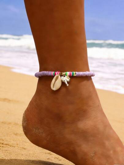 1pc Bohemian Style Vintage Minimalist Elegant Dopamine Coconut Tree Shell Anklet, Suitable For Women's Casual Daily And Summer Beach Outfits