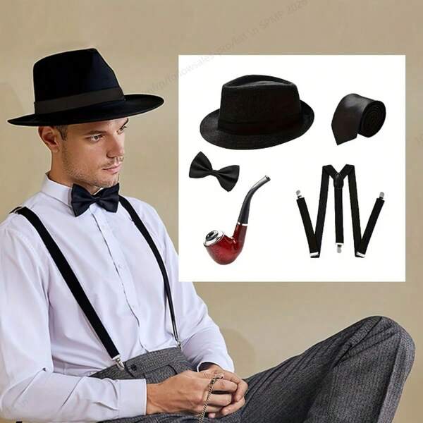 1pc/11pcs/14pcs Vintage Gangster Accessories Set - 1920s Men's Costume Outfit Including Newsboy Cap, Suspenders, Bow Tie, Mustache And Cigarette Holder, Suitable For Roaring 20s And 30s Parties (Cigar And Cigarette Are Props)