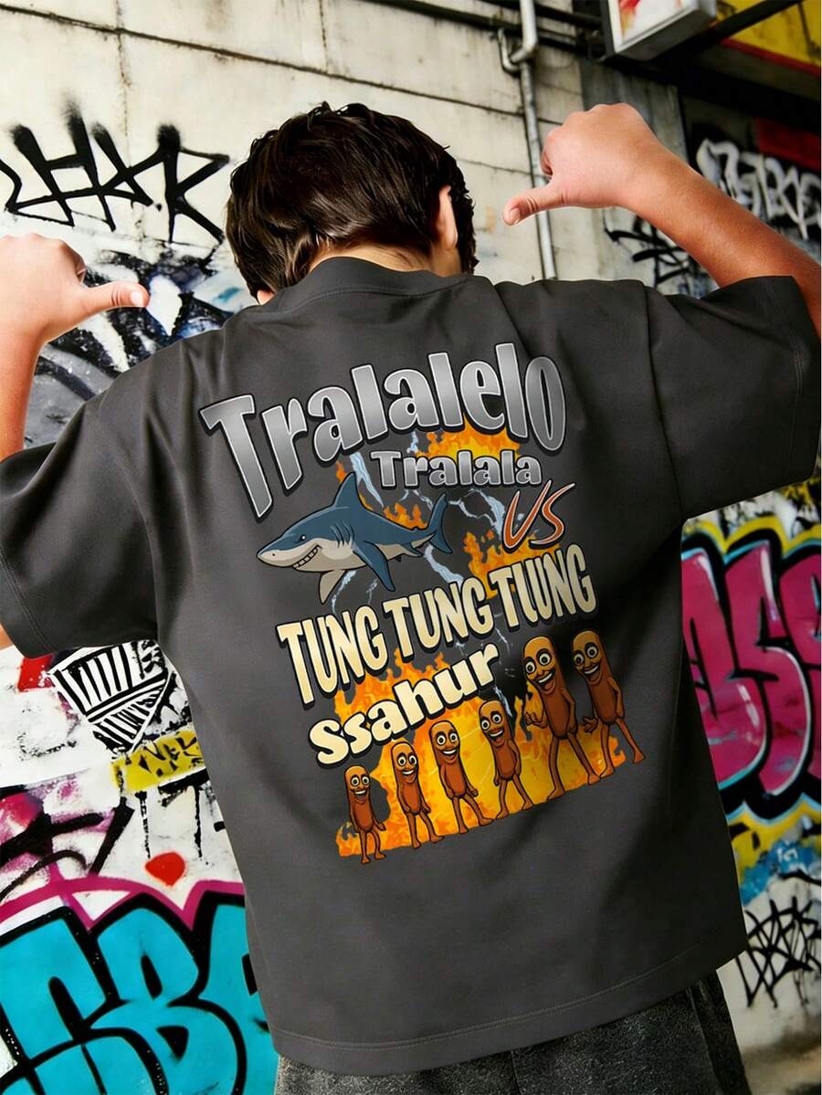 Tween Boys Casual Printed Crew Neck Short Sleeve T-Shirt, Summer Top - Dark Grey - View 1