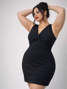 Elegant Plus Size Dress With V-Neck And Sleeveless - Black - View 4