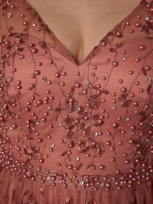 V-Neck, Embroidered, Lace, Bubble Pearl, 3/4 Sleeve, High-End Evening Gown - Redwood - View 7