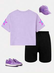 Girls Cartoon Girl & Star Pattern Round Neck Short Sleeve T-Shirt + Star Print Tight Shorts 2pcs Set, Spring/Summer New - Multicolor - View 2