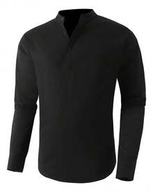 Men's Cotton Linen Long-Sleeved Shirt - 黑色 - 查看 6