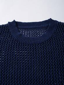 BLACKTOEXIT Men's Knitted Short Sleeve Crew Neck Fitted Loose American Street Style All-Over Hollow Mesh Solid Color Sheer Knit T-Shirt Spring Summer Knit Top - Navy Blue - View 8