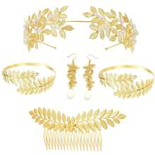 7pcs Vintage Greek Costume Set, Shiny Pearl Leaf Headpiece, Greek Outfit, Halloween Carnival Cosplay Party, Spiral Bracelet, Necklace, Headpiece, Earrings, Luxury Goddess Halloween Masquerade Attire And Accessories - Multicolor - View 9