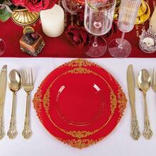 102PCS Red And Gold Plastic Plates - Red Plates Disposable - Vintage Plastic Plate With Gold Rim Include 51PCS Dessert & 51PCS Dinner Plate Perfect For Weddings & Party & Valentine's Day - Red - View 4