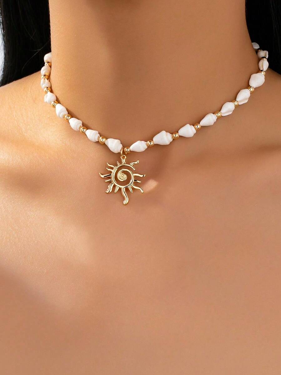 1 chiếc vòng cổ mặt dây chuyền hình tia nắng mùa hè kiểu đại dương, vòng cổ hạt vỏ sò dành cho nữ, trang sức phong cách nghỉ dưỡng phù hợp để đeo hàng ngày, dự tiệc bãi biển. - Nhiều màu - Xem 1
