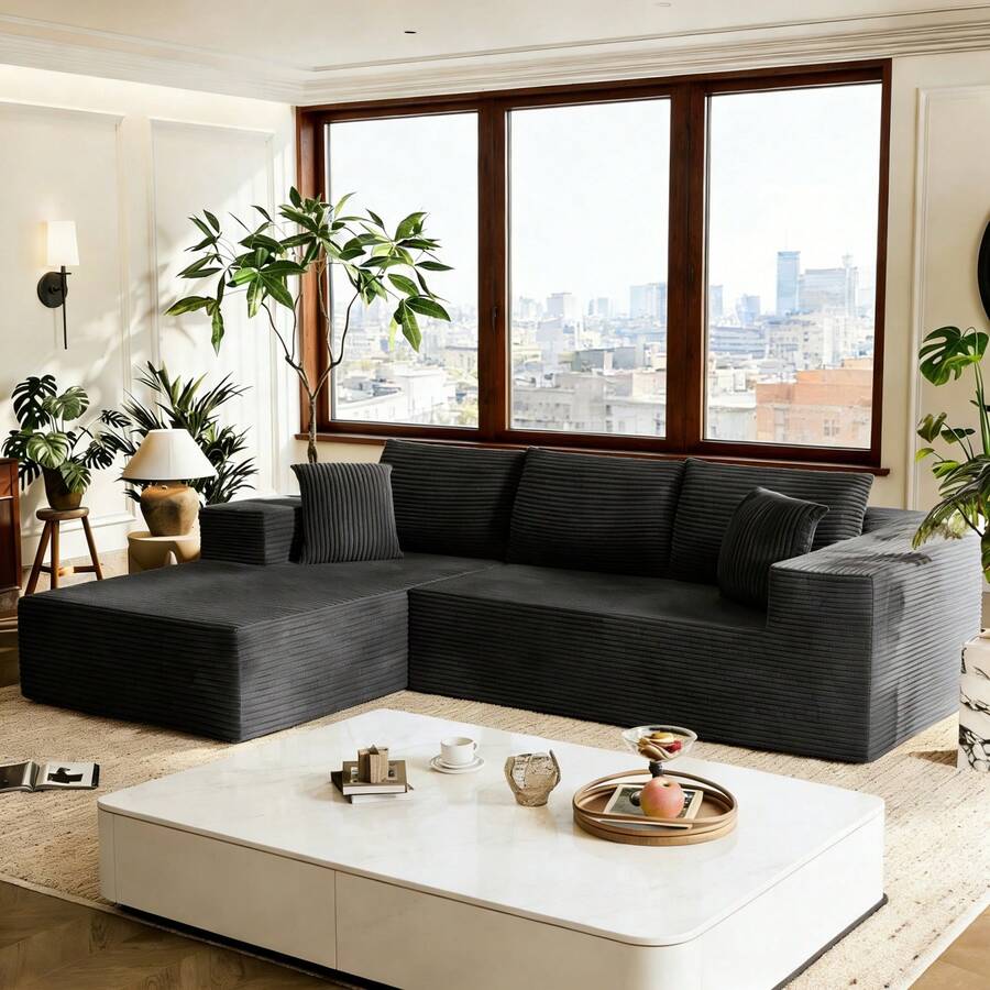 Sofas For Living Room, Bonelss Couch, 106" L-Shape Modular Sectional Sofa,New Cloud Sectional Couch With Deep Seat, Upholstered Boneless Couches For Living Room, No Assembly Required, Corduroy Fabric And Memory Foam Sectional Couches, Modern Modular L-Shape Sofa Couch With Chaise - Màu xám đen - Xem 1