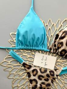 Women's Summer Beach Leopard Print Halter Tie Sexy Bikini Swimsuit Set Vacation - Baby Blue - View 4