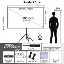 XBJ [Pantalla de proyector de 72" con soporte] Kit de pantalla de proyección portátil que incluye trípode ajustable y bolsa de transporte | Pantalla de proyección HD 16:9 antiarrugas de doble cara para uso en exteriores, cine en casa, campamento y fiestas | Diseño plegable de montaje instantáneo para proyector - Solución completa de pared de video - Pantalla 16:9 de 100 pulgadas con soporte [compatible con montaje en pared/posición vertical] - Ver 10