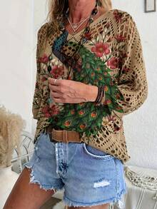 Floral Pattern Batwing Sleeve Pointelle Knit Top - Khaki - View 2