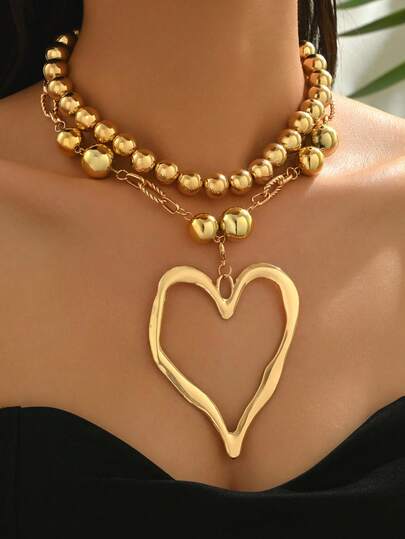 2pcs/Set Fashionable Handmade CCB Beaded Necklace, Versatile Heart Asymmetrical Pendant Necklace For Women, Suitable For Daily Wear, Travel, Party, Music Festival