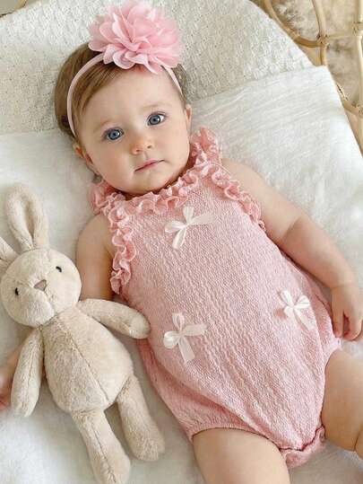 Baby Girls' Summer New Dopamine Cute Floral Trim Bow Decor Spaghetti Strap Chiffon Romper