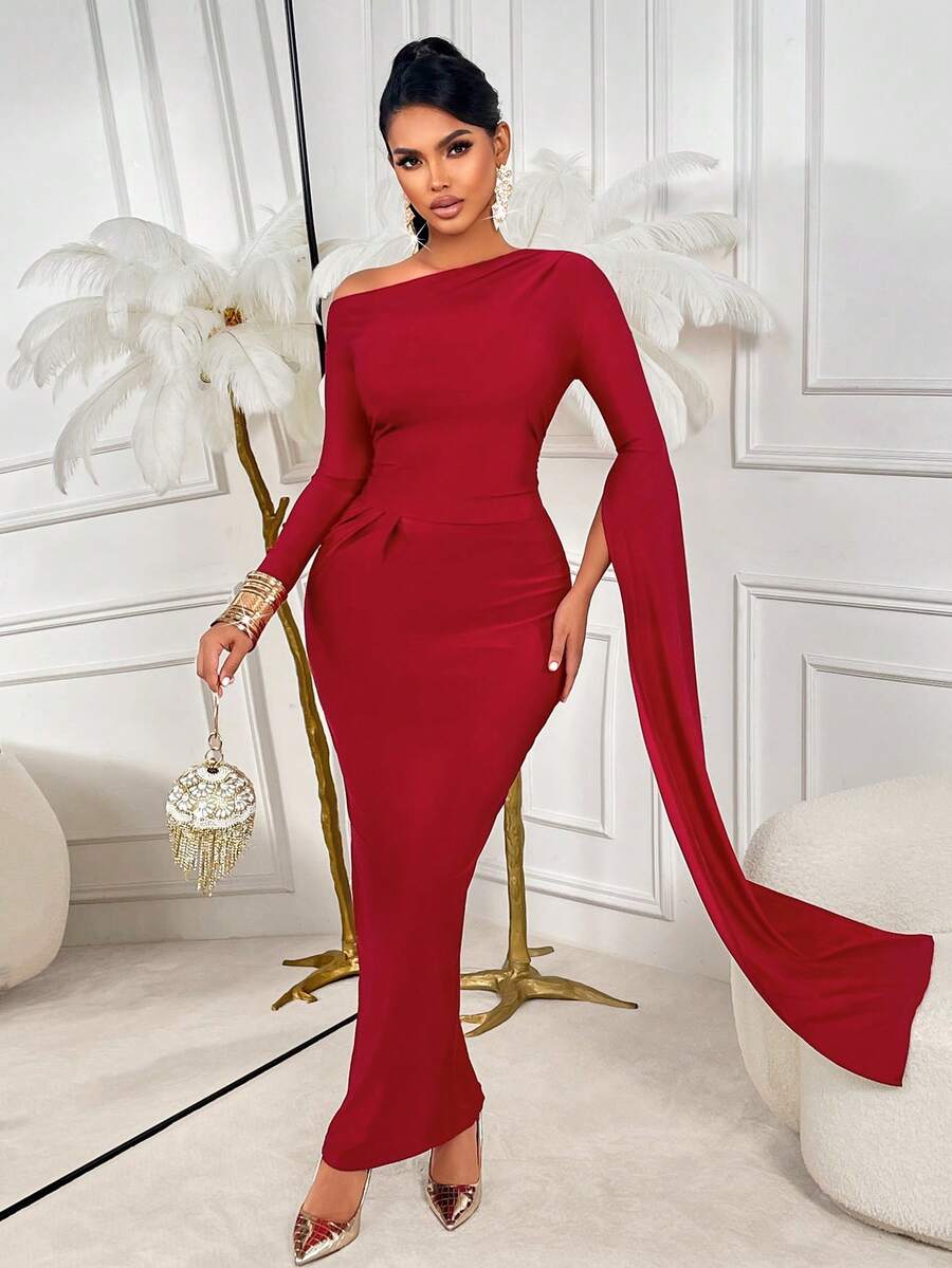 AIJ Amarilo Women's Elegant Knit One Shoulder Draped Cape Bodycon Maxi Dress – Perfect Valentine's Day Gown, Wedding Guest Attire, Carnival Party Outfit & Summer Event Party Dress - Jujube Red - View 1
