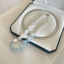 手工天然水晶锁骨链项链，百搭颈链 - 綠松石色 - 查看 4