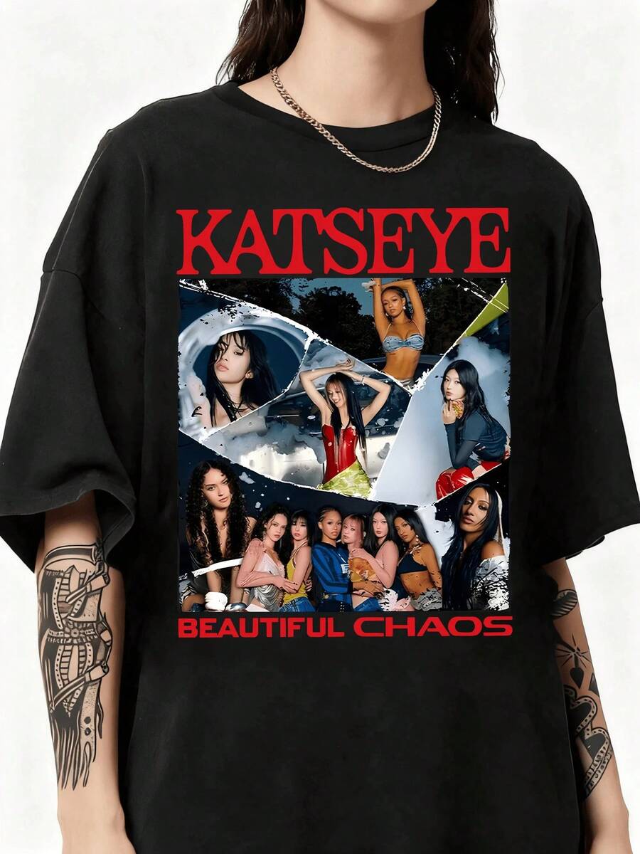 KATSEYE The Beautiful Chaos Graphic,Unisex Short Sleeve GIFT For Fans Graphic Print Design Casual Men's T-Shirt Tee Shirt For Men - Đỏ - Xem 1