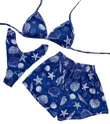 Women's Trikini Bikini Delta Wing 3-Piece Set With Cup And Shorts Sukini Suquini Delta Wing Double String Fashion Launch Summer - 藏蓝色 - 查看 1