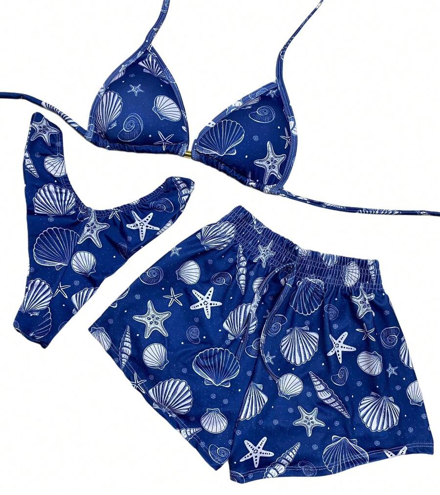 Women's Trikini Bikini Delta Wing 3-Piece Set With Cup And Shorts Sukini Suquini Delta Wing Double String Fashion Launch Summer - 藏蓝色 - 查看 1