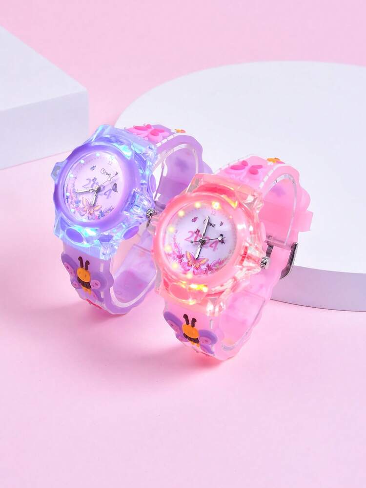 2pcs Girls' Gift Set: 2024 Flower & Butterfly Dual Movement LED