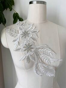 1-delat set med 3D-blommig spets applicerad tyg med strass, 10x5 tum spetsbroderilapp, applicerad bröllopsbroderi, bröllopsklänning, klädväska DIY, vit - ZH400 - Visa 10