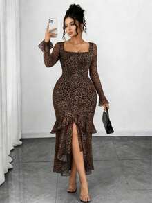 Solstice Apparel Plus Size Leopard Print Flare Sleeve Square Neck Dress, Layered Mesh Ruffle Hem Split Dress, Suitable For Party, Date And Dinner, Autumn/Winter - Coffee Brown - View 4