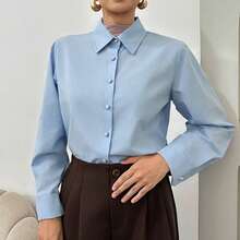 DAZY Camisa Feminina de Manga Longa Azul, Estilo Casual de Escritório/Trabalho, Design Poético de Dinheiro Antigo, Cor Sólida, Primavera/Verão - Azul - Visão 1
