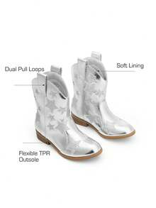Girls Cowgirl Boots Mid Calf Glitter Cowboy Western Boots Toddler Girls Star Riding Shoes - 銀色 - 查看 8