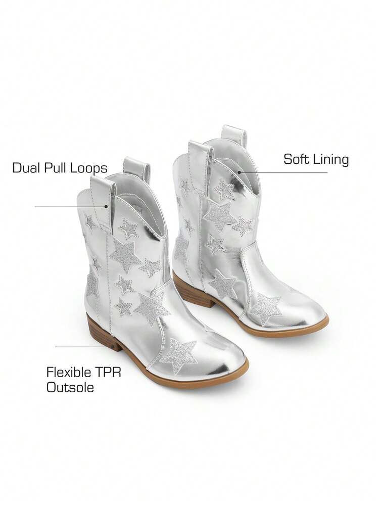 Girls Cowgirl Boots Mid Calf Glitter Cowboy Western Boots Toddler Girls Star Riding Shoes - 銀色 - 查看 8