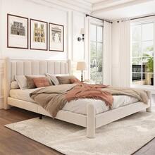 Upholstered Bed 180*200cm With Slatted Base And Headboard, Stylish Fan-Shaped Headboard, Cylindrical Support Legs, Velvet, Beige - Beige + Velvet + 180cm*200cm - View 2