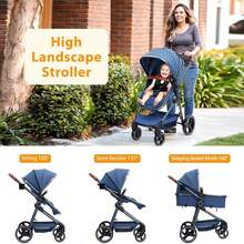 Cocinete plegable para bebés con cesta de Moisés para bebés recién nacidos de 0 a 36 meses, cochecitos de viaje ligeros con paraguas, cochecitos compactos con asientos reversibles para niños pequeños - Azul - Ver 3