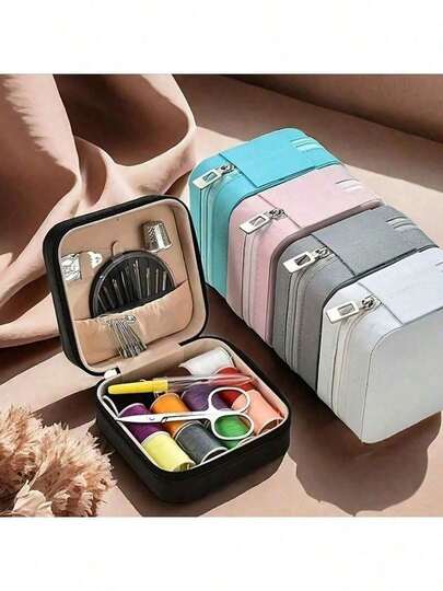 17pcs Mini Travel Sewing Kit, Faux Leather Sewing Kit, Small Sewing Kit For Beginners, With Zipper Cross Stitch Box - Complete DIY Hand Sewing Set Suitable For Travel And Home Use, Available In Multiple Colors