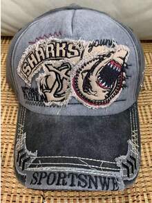 1顶新款男士棒球帽，鲨鱼刺绣图案，街头嘻哈风格，休闲百搭，采用优质透气面料，宽大可调节帽带和弧形帽檐，完美贴合。 - 深灰色 - 查看 5