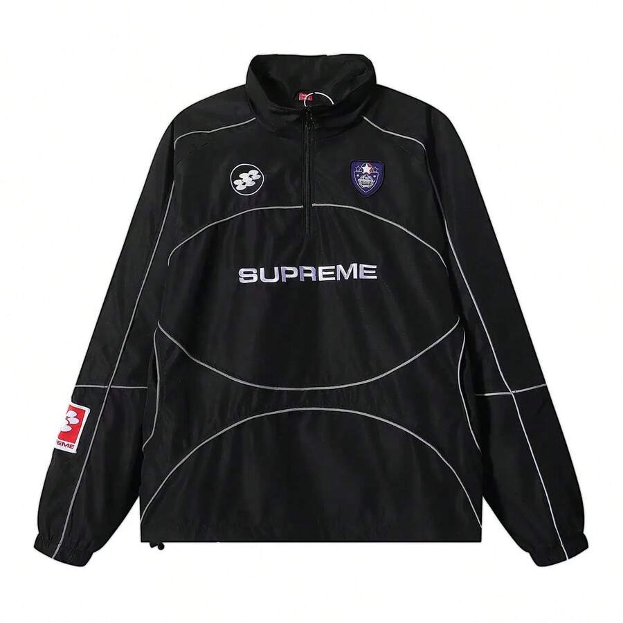 Supreme Reflective Piping Tracksuit Set | 2-Piece Half-Zip Hooded Jacket & Track Pants, Lightweight Windbreaker Techwear In Black, Blue & Red - Black Jacket - 查看 1