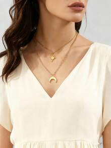 2pcs/Set Fashion Items, Gold Layered Moon & Star Pendant Necklace, Ramadan & Eid Festival Accessories, Minimalist Chic Y2K Aesthetics, Adjustable Layering, Suitable For Daily Wear, Eid Celebration And Gift - Multicolor - View 8