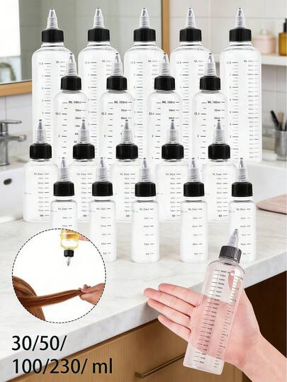30/50/100/230毫升可重复灌装挤压瓶，带盖，透明塑料分配瓶，带刻度，适用于液体墨水、颜料、美术用品、专业美发护理、染发和造型产品。