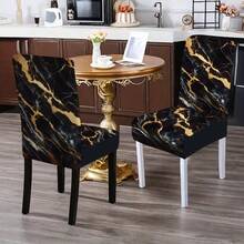 1/4/5/6/7/36pcs Minimalist Black & Gold Marble Pattern Chair Cover/Seat Cushion Set, Suitable For Indoor Home, Dining Room, Hotel, Ideal For Modern Daily Decor. Tablecloth Fits Square Dining Table, Elastic Chair Covers Are Washable. - Multicolor - View 7