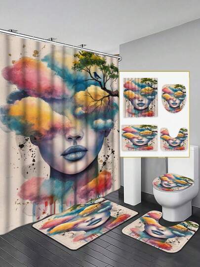 Dreamy Cloud Shower Curtain Set - Colorful Cloud And Tree Elements, Includes Shower Curtain, Bath Mat, Toilet Lid Cover And Non-Slip Bathroom Mat, Adding Dreamy And Artistic Atmosphere To The Bathroom