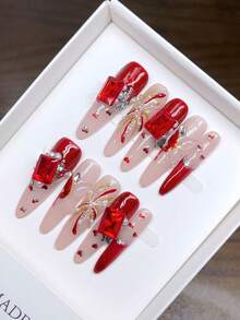 Handmade Wearable Nails; Thin High Heels Nail Shape Handmade Red Cat Eye French Draw Inlay Drill Nails; High Quality Simple Design Nails, Full Coverage Fake YK Nails, Unique Niche Creative Fake Nails, Daily Nails, Cute Modern Style Nails, Daily Use, Autumn And Winter Nails, Detachable Wear And Reuse, Suitable For Parties Andquets. - Multicolor - View 4