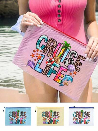 时尚防水PVC洗漱包，印有“邮轮生活”图案，便携式化妆包，文件袋 – A4尺寸透明化妆包，带尼龙拉链，大容量透明化妆包，浴室收纳袋，珠宝收纳袋，唇油和化妆品收纳袋，旅行必备，宿舍用品，非常适合海滩、潜水、旅行、度假和日常使用。